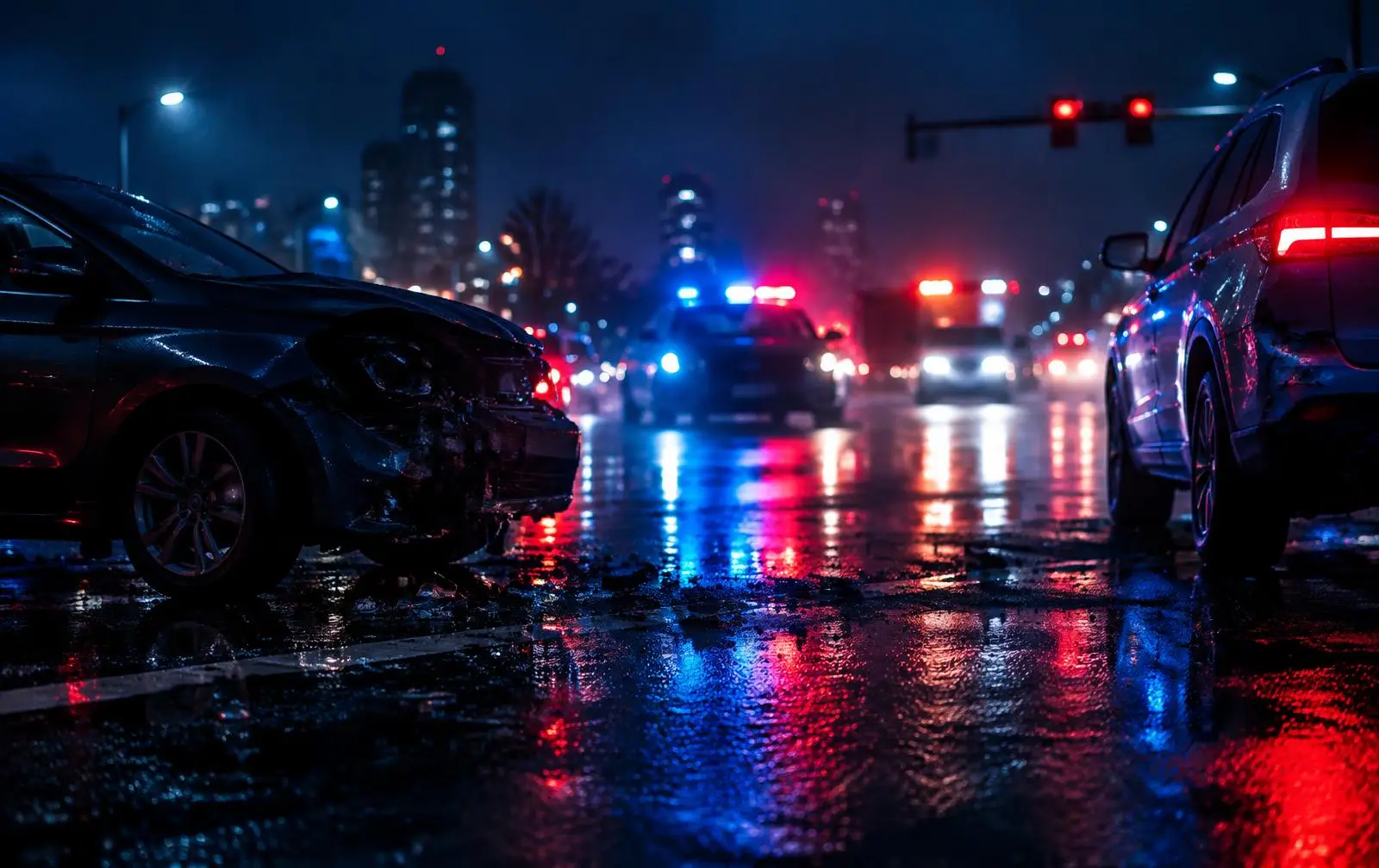 Damaged car at a nighttime crash scene, with police lights reflecting on the wet road